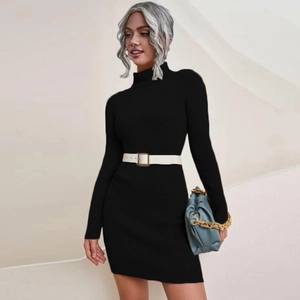 Elegant slim fit black ribbed knit dress with high neck and white waist belt