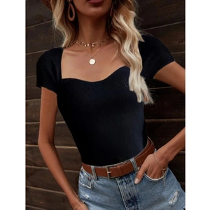 Slim fit black ribbed knit top for women with a sweet heart neckline for a chic look