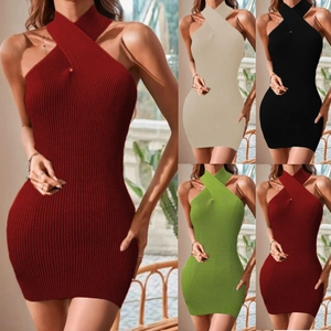 Damen Sexy Neckholder Cross Front Gerippter Strick Bodycon Minikleid Ärmellos Rückenfrei Sommer Party Urlaub Elegantes Kleid