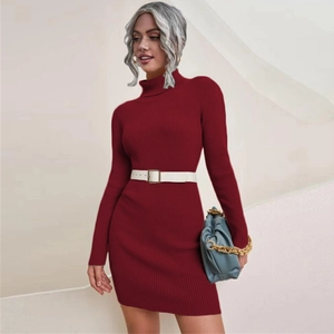 Slim fit wine red turtleneck knit dress with long sleeves and white metal buckle belt