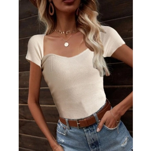 Women's slim fit beige ribbed knit short sleeve top with heart-shaped neckline