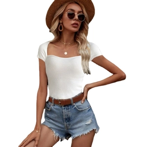 Slim fit white ribbed knit top for women with vintage square neck and short sleeves