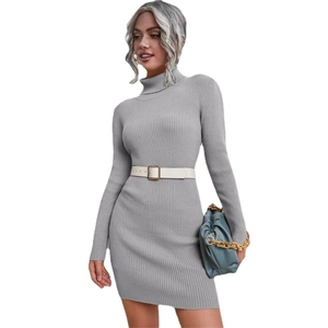 Slim fit grey ribbed knit long sleeve turtleneck sweater dress with a white waist belt