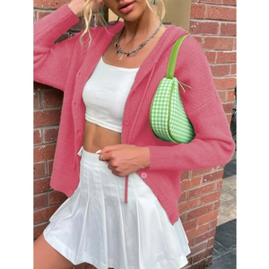 Bright rose pink hooded knit cardigan sweater for women with matching buttons