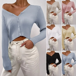 Women's Casual Ribbed Knit Cardigan Sweater V Neck Button Up Long Sleeve Slim Fit Cropped Polyester Solid Color Top Outerwear