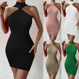 Damen Sexy Halter-Ausschnitt Strick Bodycon Minikleid Gerippt Verdreht Ärmellos Hohe Taille Party Club Kurz Kleid