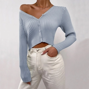 Slim fit light blue V-neck ribbed knit cardigan with buttons for women casual style