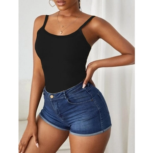 Women's summer black ribbed knit camisole top paired with denim shorts for a casual style