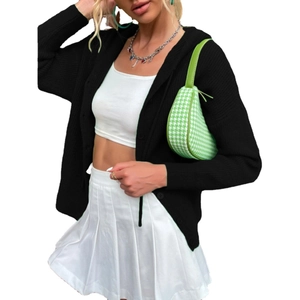 Women's black knit hooded cardigan with long sleeves on a model in a clean white background