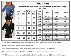 Detailed size chart for V-neck long sleeve sweater showing measurements in cm and inches