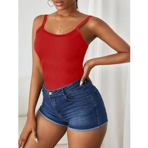 Women's summer slim fit red ribbed camisole top with rolled hem denim shorts set
