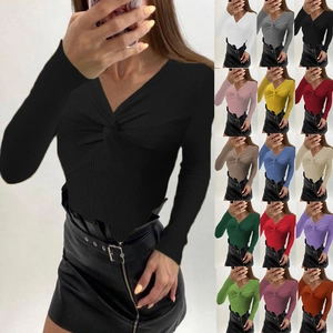 Women Sexy Twist Front V Neck Ribbed Knit Sweater Slim Fit Long Sleeve Solid Color Fashion Casual Pullover Top