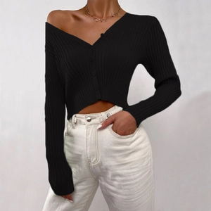 Women's black V-neck button-down knit cardigan sweater with ribbed texture and slim fit
