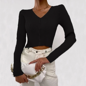 Close-up of black ribbed knit cardigan featuring V-neckline and button-down front detail