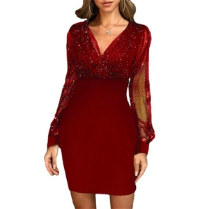 Slim fit burgundy sequined dress with deep V-neck and mesh long sleeves for parties