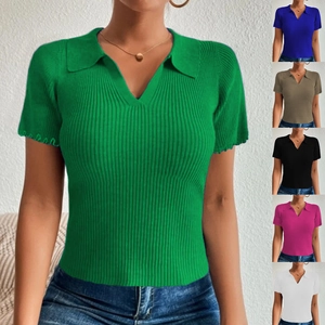 T-shirt Polo en Tricot Côtelé Slim Fit pour Femme Manches Courtes Col en V Bordure Ondulée Décontracté Été Bureau Haut