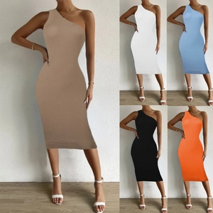 Women's Sexy One Shoulder Ribbed Knit Midi Dress Sleeveless Bodycon Solid Color Summer Party Slim Fit Evening Dress