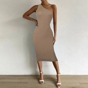 Detail of khaki one-shoulder slim fit knitted dress with vertical ribbed texture fabric