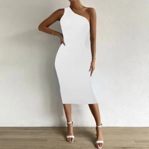 Sleeveless white one-shoulder bodycon knit dress in ribbed fabric shown on model