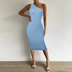 Slim fit light blue ribbed knit midi dress with one-shoulder sleeveless design