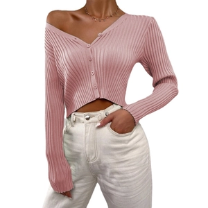 Dusty pink slim fit V-neck knitted cardigan with vertical ribbed texture and five buttons