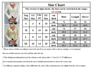 Tableau des tailles détaillé pour pull en maille élastique avec mesures US, UK et UE