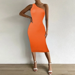 Detail of orange one-shoulder rib-knit dress showing slim fit texture and bodycon cut