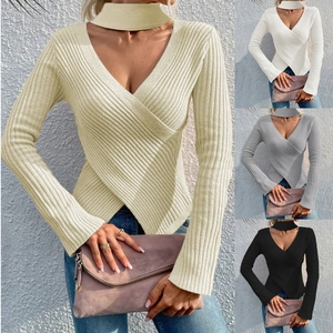 Haut en Tricot à Manches Longues pour Femmes Dos Nu Croisé Col en V Pull Ajusté à Côtes Ourlet Irrégulier Mode Décontractée