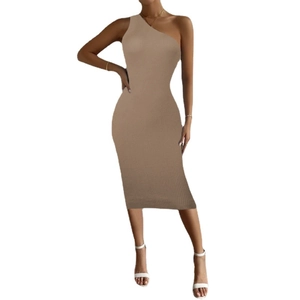 Brown rib-knit bodycon midi dress featuring an asymmetrical one-shoulder neckline