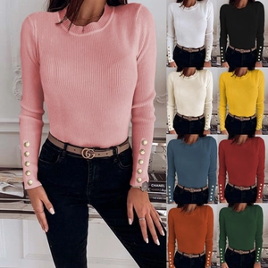 Women Ribbed Knit Sweater Long Sleeve Crew Neck Slim Fit Pullover With Gold Buttons Casual Office Elegant Knitwear Top