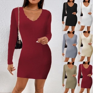 Vestito da Donna in Maglia a Costine Scollo a V a Festoncini Vestibilità Aderente Manica Lunga Sexy Bodycon Mini Abito Tinta Unita