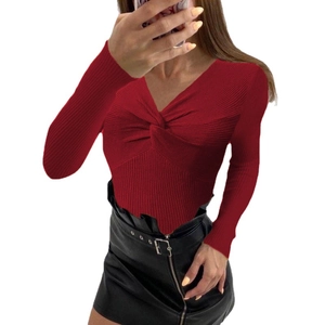 Women's deep red long sleeve v-neck knit sweater with twist front detail and ribbed texture