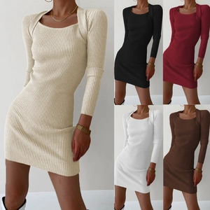 Women's Sexy Square Neck Long Sleeve Knitted Bodycon Dress Ribbed Solid Color Slim Fit Mini Sweater Dress For Autumn Winter