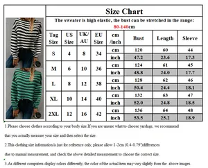 Size chart for striped pullover sweater showing US, UK, EU measurements and high elasticity