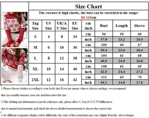 Tableau des tailles détaillé pour pull de Noël femme avec mesures US et EU et guide de coupe