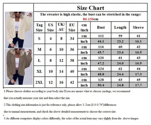 Detailed size chart for women's knit cardigan showing measurements in cm and inches