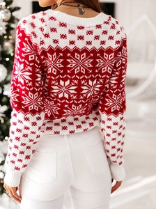 Vue de dos d'un pull de Noël en tricot rouge et blanc avec motifs de flocons de neige