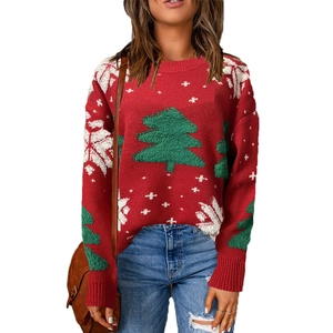 Women's red Christmas sweater with green tree and white snowflake knitted patterns
