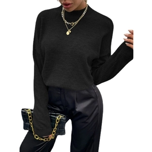 Eleganter schwarzer Langarm-Strickpullover mit Stehkragen und Rippbündchen für Damen