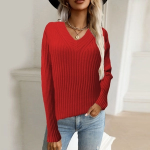 Women's V-neck long sleeve knit sweater in red with vertical ribbed texture detail