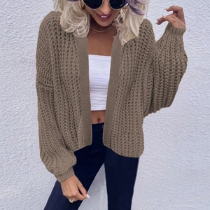 Women's oversized chunky knit cardigan in coffee brown with batwing sleeves