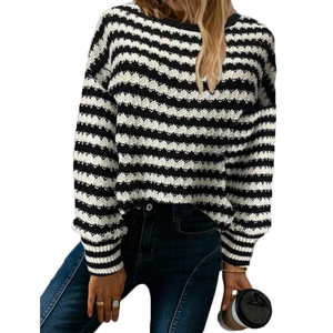 Women's casual black and white striped knit sweater with crew neck and drop shoulder design