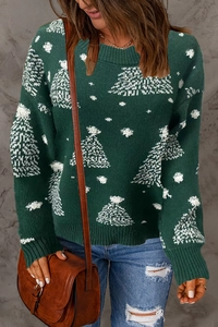 Détails du pull en tricot vert avec motifs de flocons de neige blancs pour Noël