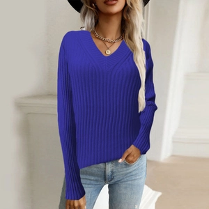Slim fit deep V-neck ribbed knit long sleeve sweater in vibrant electric blue for women