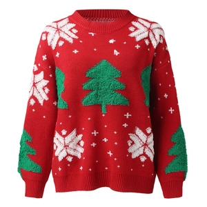 Detailed close-up of Christmas knit sweater with textured green trees and snowflakes