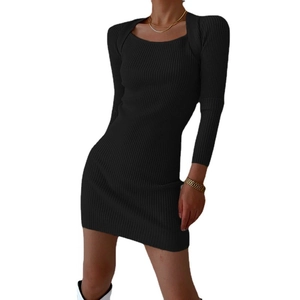 Slim fit black long sleeve square neck ribbed knit mini dress for women's autumn style