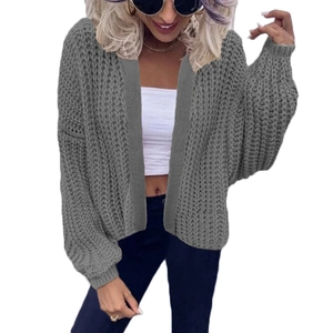 Women's casual grey chunky knit cardigan with long sleeves and open front design
