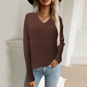 Close-up of ribbed texture and V-neckline on this dark brown long sleeve knit sweater