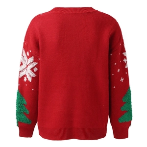 Back view of red Christmas knit sweater with white snowflakes and green 3D trees