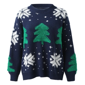 Detail of navy knit sweater showing textured Christmas tree and snowflake patterns